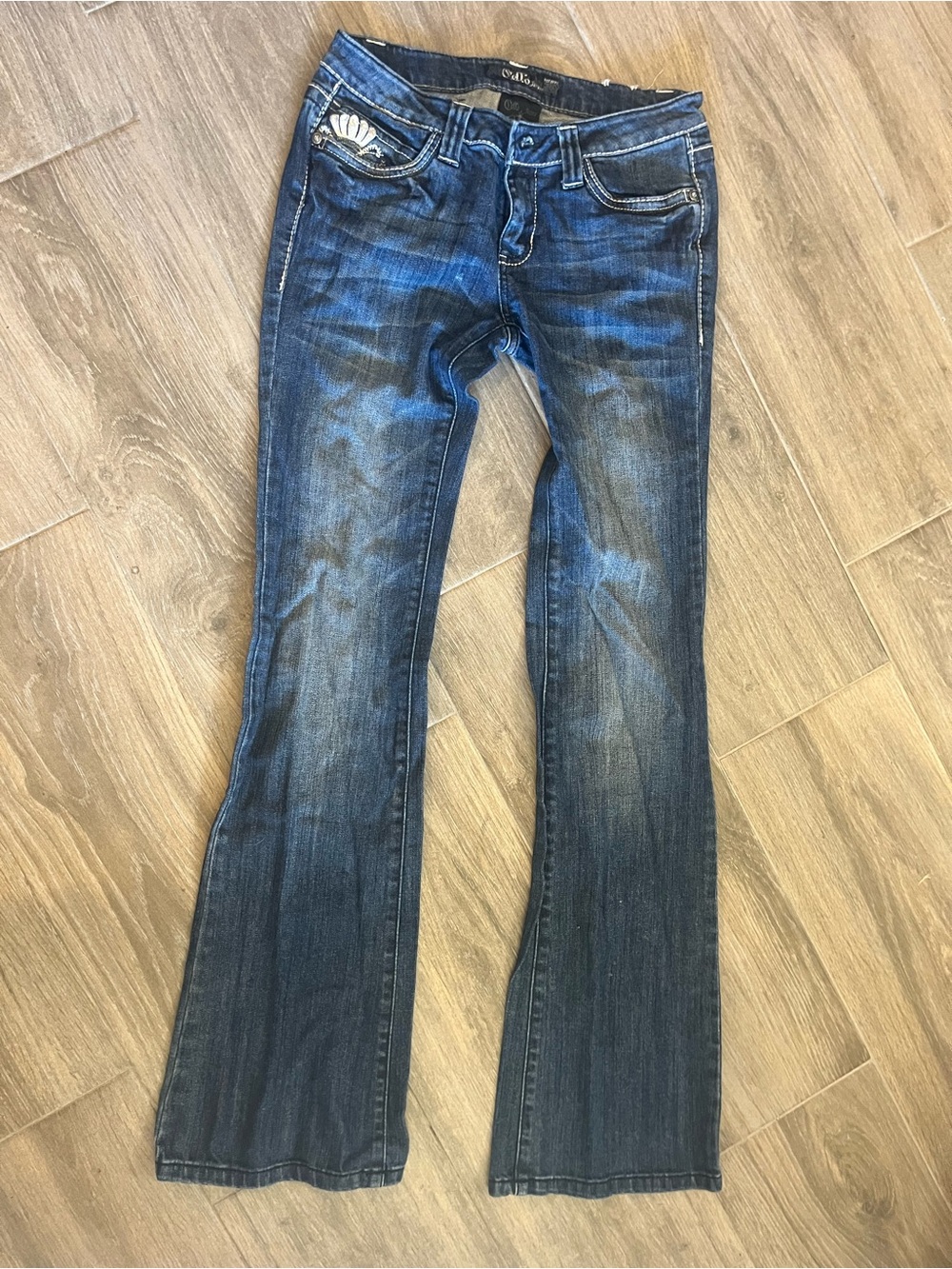 Cello Blue Flared Jeans with Shell Pocket Accent
